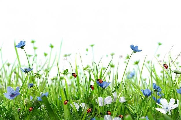 Flores azules de primavera en hierba verde aisladas sobre un fondo blanco Primeras flores de primavera