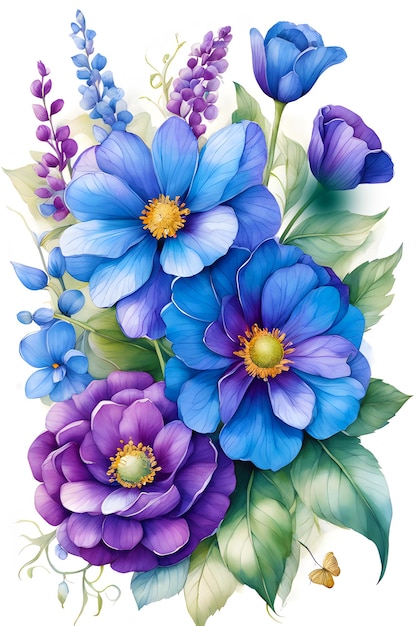 flores azules y púrpuras ilustración vectorial 2d súper acuarela generativa ai