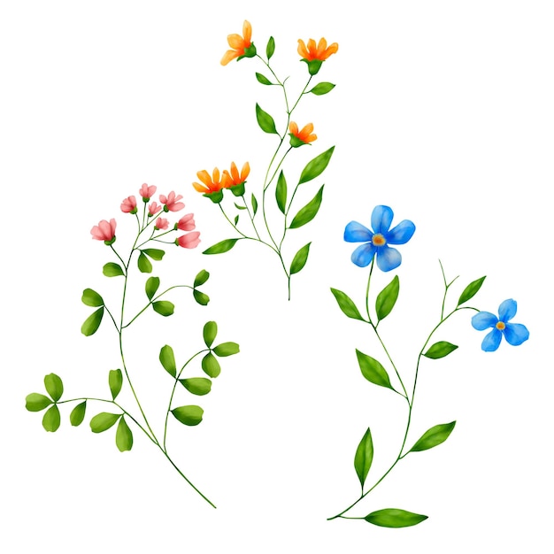 Flores azules y ramas verdes y hojas pequeñas mariposas un conjunto de flores lindas acuarela