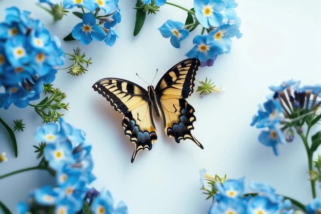 Las flores azules y el retrato de la mariposa de cola de golondrina amarilla