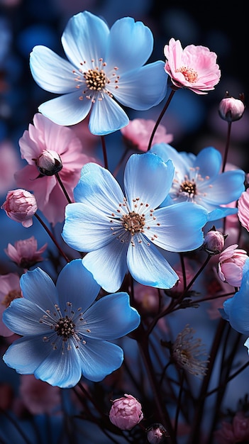 Flores azules y rosas en el jardín.