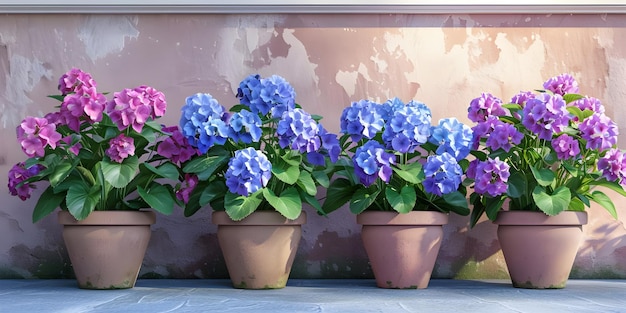 Flores azules y violetas en macetas en una fila de fondo Ai Generado