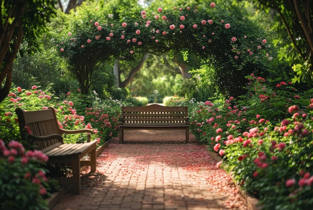 flores en un banco de jardín en el jardín