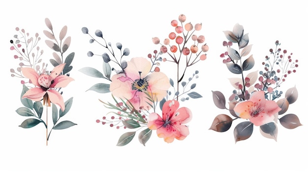 Flores bayas y plantas en acuarela para el diseño Fondo moderno para invitaciones bodas y tarjetas de felicitación