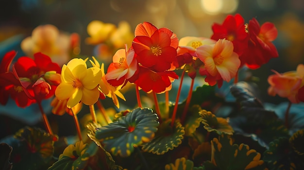 Flores de begonia rojas y amarillas brillantes en macetas contra el telón de fondo de la hermosa mani AI generativa