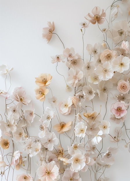 Flores beige y rosadas en el fondo blanco de la pared