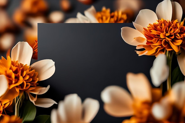 Flores beige sobre fondo negro celebración de tarjeta de felicitación 8 de marzo copia espacio maqueta ilustración IA generativa
