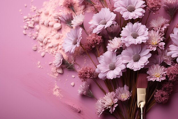 Flores de belleza aérea y pincel sobre fondo colorido de diseño plano IA generativa