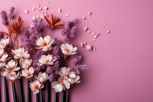 Flores de belleza aérea y pincel sobre fondo colorido de diseño plano IA generativa