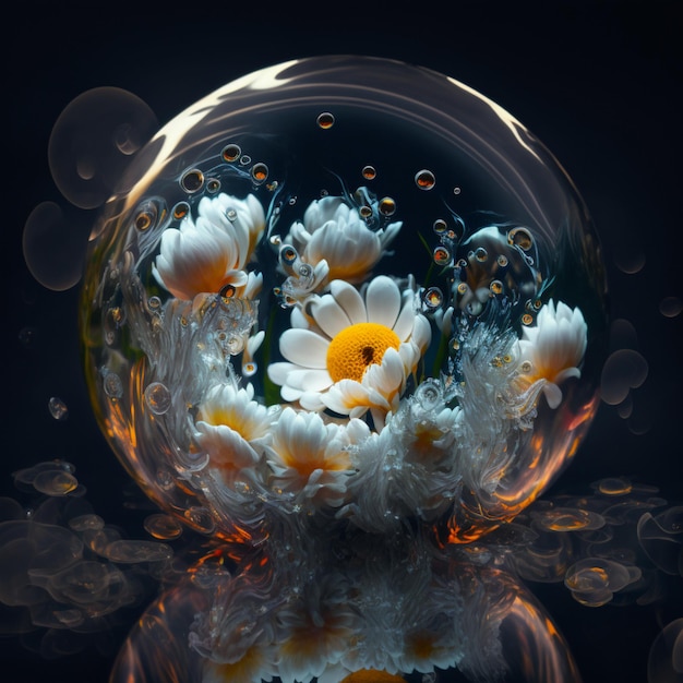 flores blancas dentro de burbujas