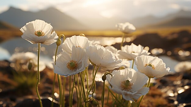 Las flores blancas en flor de las amapolas de Islandia decoran el fondo de la montaña imagen generada por IA