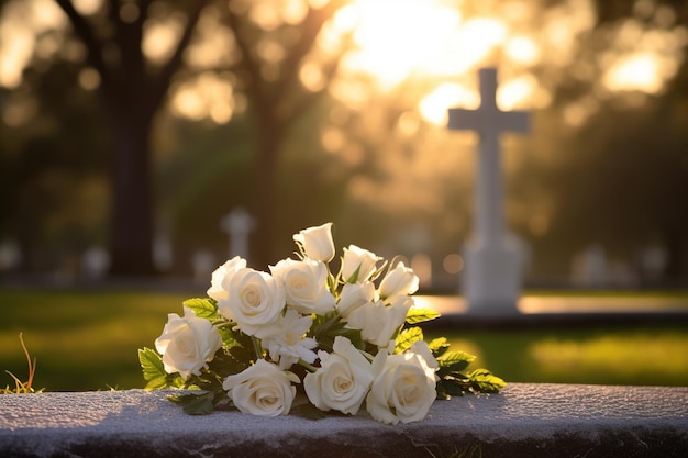 Foto flores blancas frente a una lápida en un cementerio con puesta de solconcepto funerario