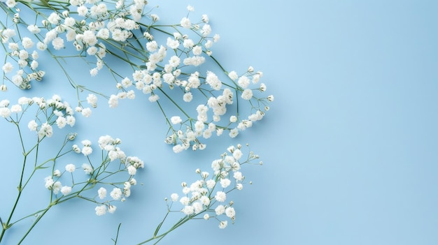 Flores blancas de gipsófila o flores de aliento de bebés en fondo azul Copiar espacio
