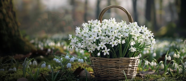 Foto las flores blancas de las gotas de nieve en una canasta de mimbre en el fondo de la naturaleza de primavera del bosque paisaje de primavera temprana