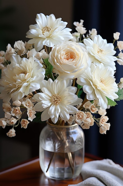 Flores blancas de invierno dispuestas en un delicado jarrón de cristal.