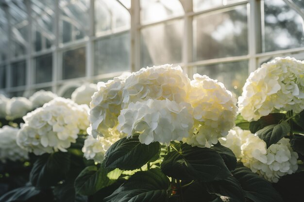 Flores blancas de jardín en macetas, plántulas y jardinería