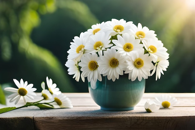 Flores blancas en un jarrón azul en el alféizar de una ventana