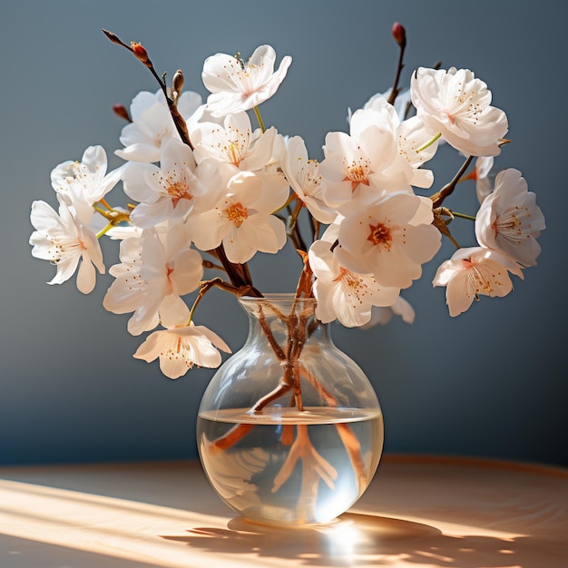 Flores blancas en un jarrón de cristal sobre una mesa al estilo japonés