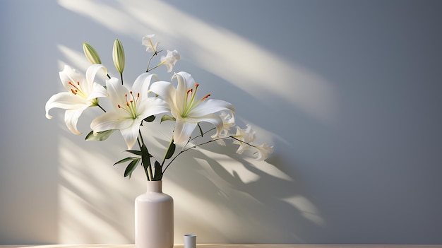 flores blancas en un jarrón en una mesa con un fondo blanco.