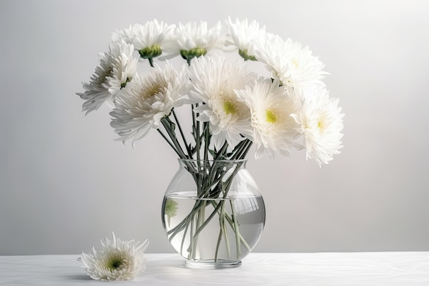 Flores blancas en un jarrón sobre una mesa blanca y fondo gris