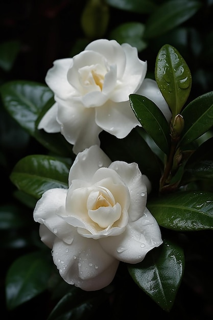 Flores blancas bajo la lluvia