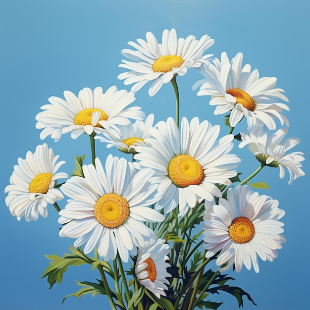 Flores blancas de margarita sobre un fondo azul