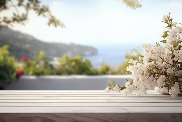 flores blancas en la mesa de madera blanca vacía en un hermoso paisaje generativo AI