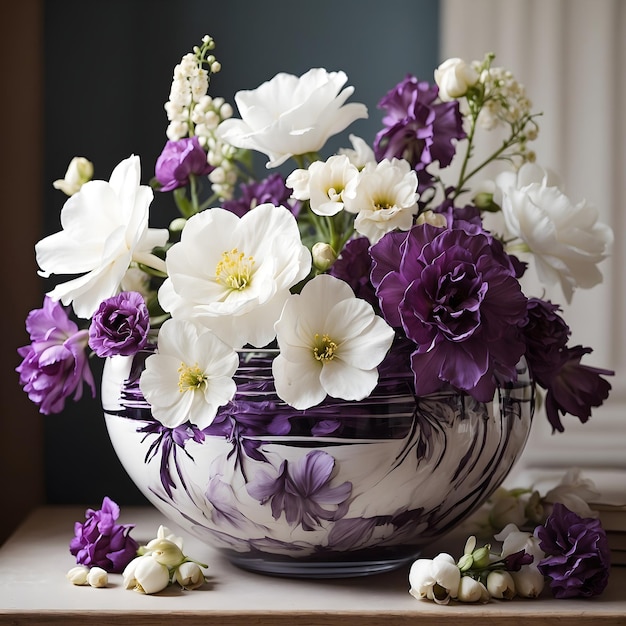 Flores blancas y moradas en un tazón de agua.