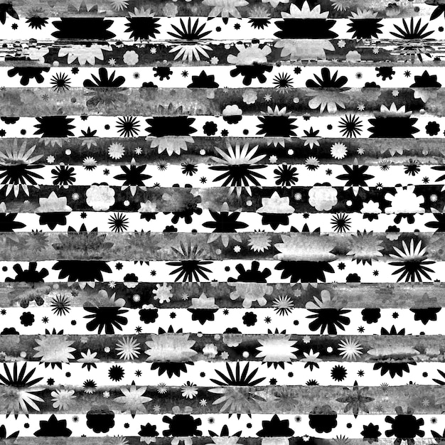 Flores blancas y negras de acuarela abstracta monocromática sin fisuras de fondo de rayas florales. Ilustración acuarela brillante. Textura de estilo boho. Impresión para envolver, papel tapiz, textil.