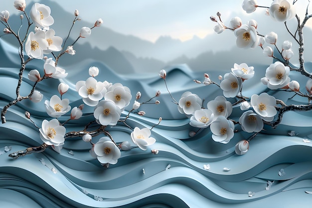Flores blancas en la ola azul