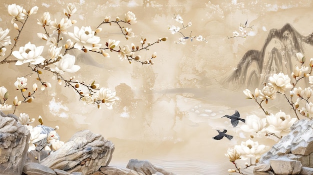 Flores blancas y pájaros en un fondo beige papel tapiz mural imagen generada por IA de alta calidad