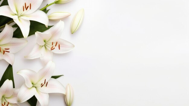 Foto flores blancas pastel lirios composición en un fondo blanco copia plantilla de espacio