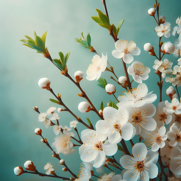 Flores blancas de primavera dispuestas en un ramo sobre un fondo turquesa
