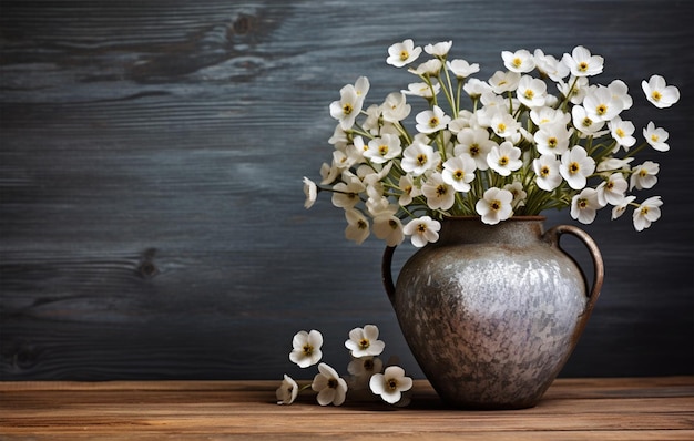 Flores blancas de primavera en jarrón en un fondo rústico de madera oscura concepto de tarjeta de felicitación