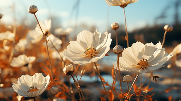 Flores blancas que florecen en tallos delgados en el campo natural