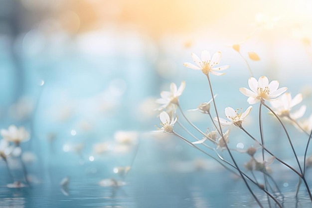 flores blancas sobre un fondo azul con el sol detrás de ellas.