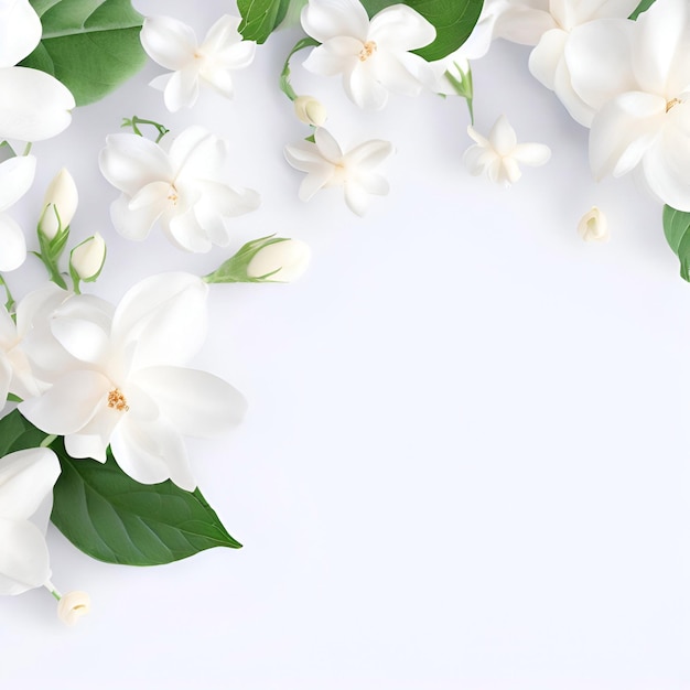 Foto flores blancas sobre un fondo blanco con hojas verdes