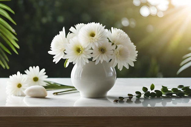 Flores blancas sobre una mesa con un fondo verde