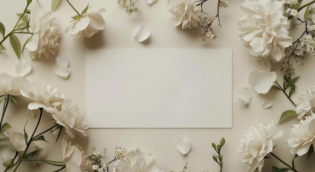Flores blancas y una tarjeta en blanco sobre un fondo blanco