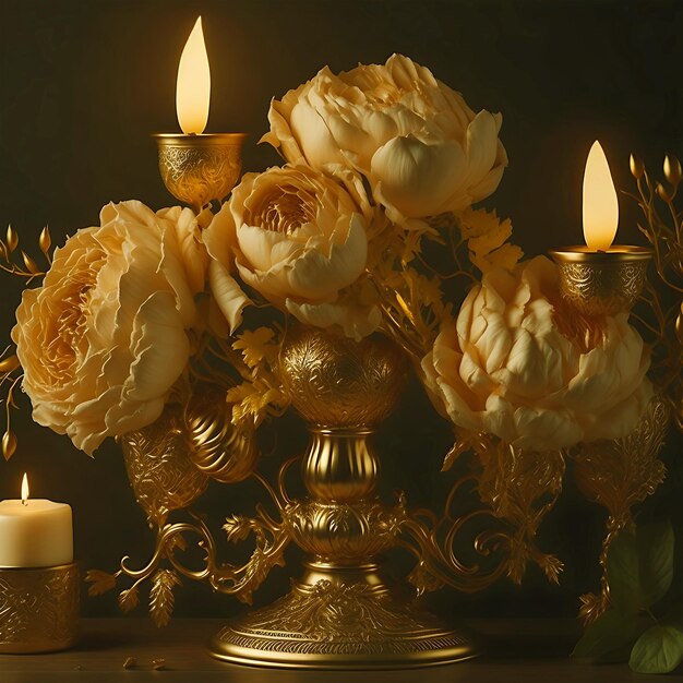 Foto flores blancas con velas encendidas ramo de rosas beige y velas blancas en blanco con luces bokeh ba