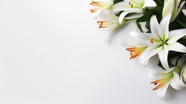 Foto flores blanco pastel lirios composición en un fondo blanco copia plantilla de espacio
