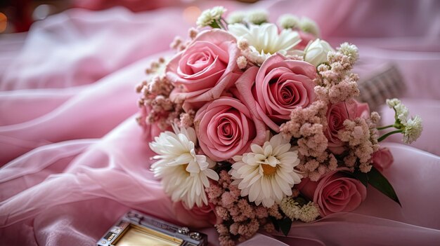 Flores de boda y documentos con un plan de costos