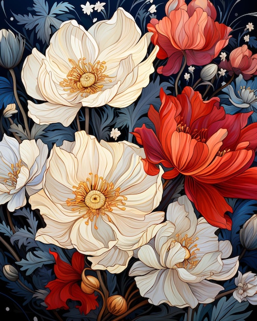 Flores bonitas e elegantes florescem no estilo Art Nouveau Ilustração floral IA generativa