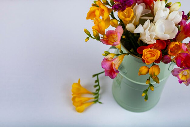 Flores bonitas. frésia em um vaso em um fundo branco de madeira.