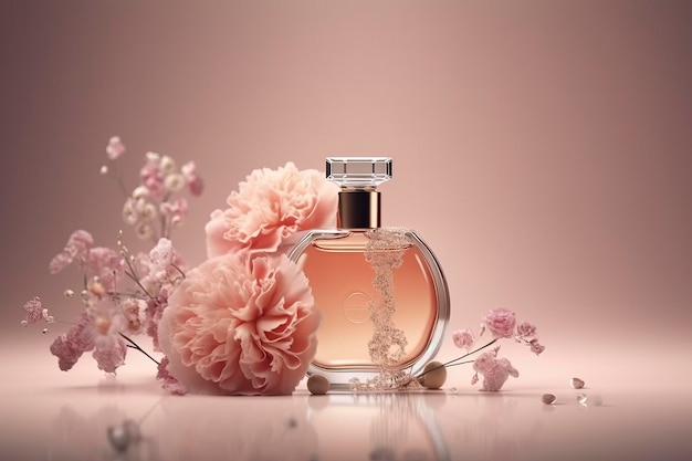 Flores y botellas de perfumeImagen generada por tecnología AI