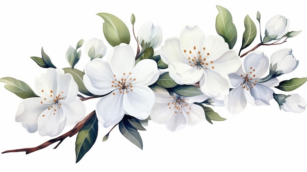 Flores brancas aquarela desenhada à mão fundo floral de primavera