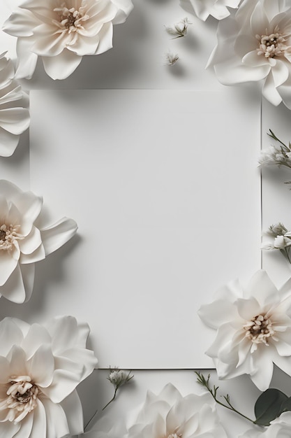 Foto flores brancas com papel em branco e fundo branco