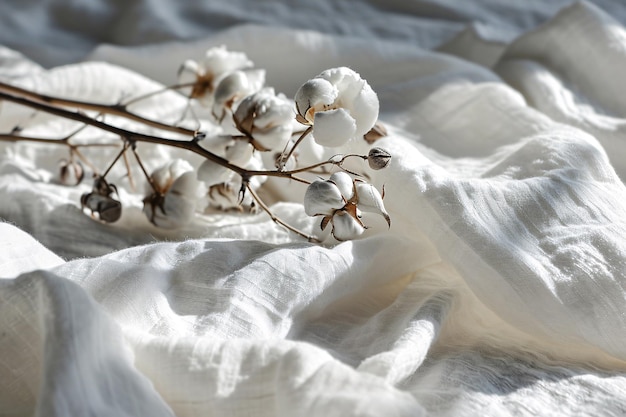 Flores brancas de algodão sobre fundo de tecido de algodón branco para moda sustentável ou produtos orgânicos