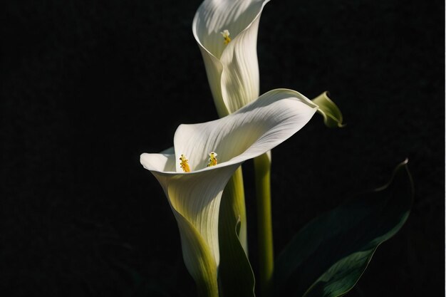 Flores brancas de calla em fundo preto de perto