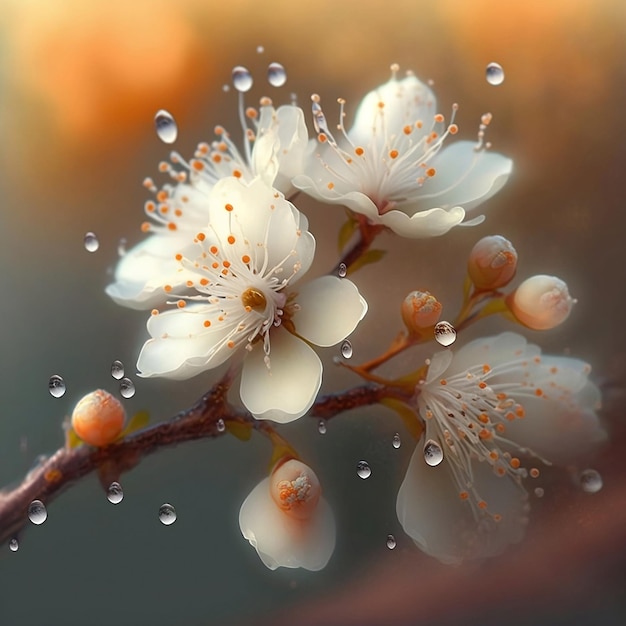 Flores brancas de cerejeira com gotas de água fecham